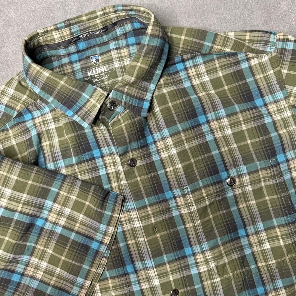 Kuhl Button Down Shirt Mens‎ Medium Green Blue Plaid Short Sleeve Hiking Utility